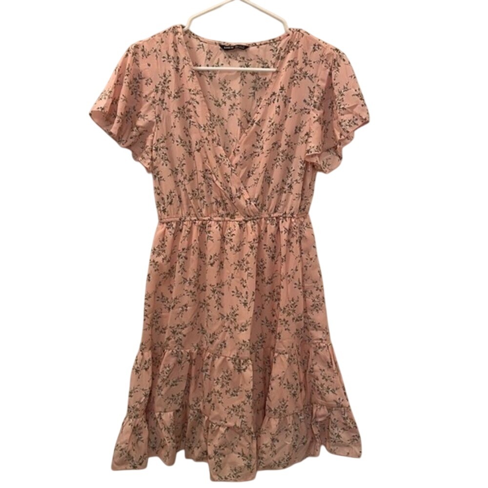 SHEIN Floral Mini Dressโ Ruffle Hem V-Neck Short Sleeve Pink Size S